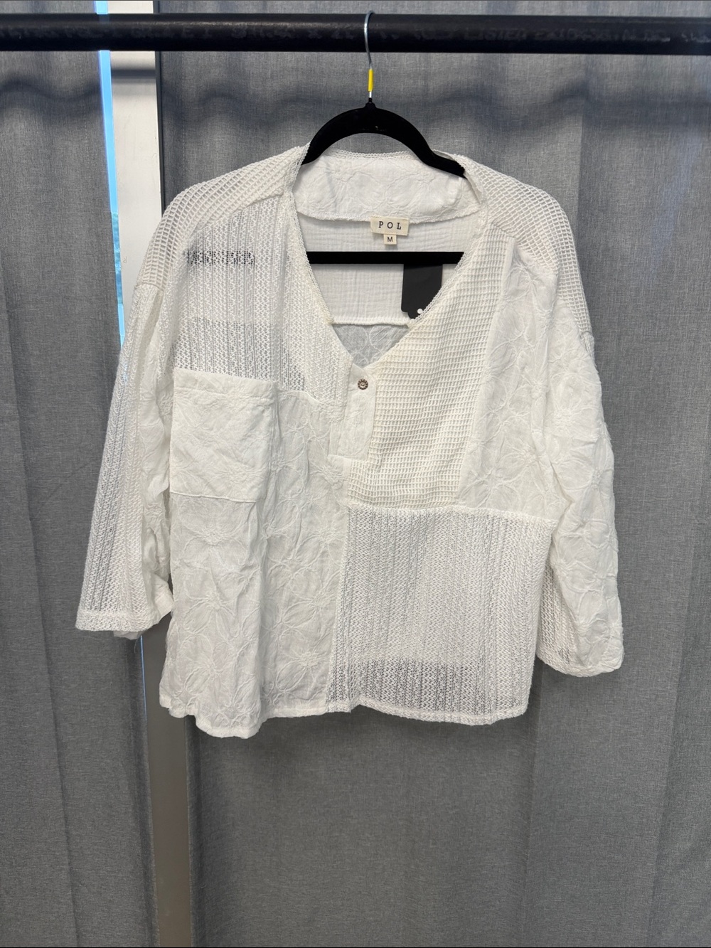 POL White Patchwork Knit Button V-Neck Top